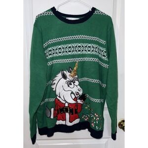 Jolly Sweaters Ugly Christmas Sweater Santa Unicorn Glitter Mens Size XL Green